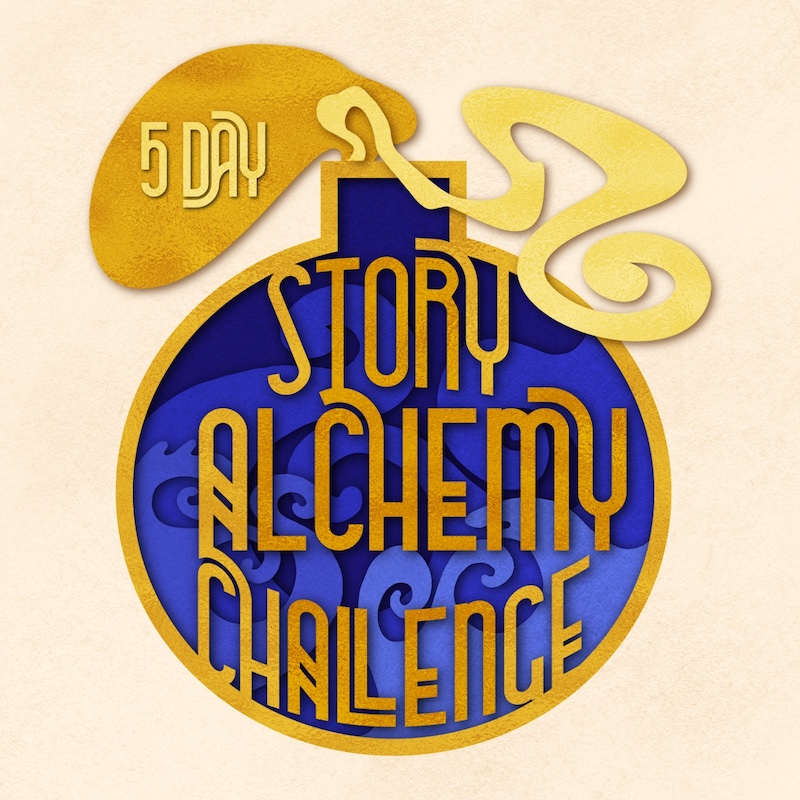 cover for storyteller Kat Vancil's 5-Day creative challenge the Story Alchemy Challenge. Features an alchemist bottle with golden smoke emanating from it and blue liquid swirling within it created in cut paper and the words “5 Day Story Alchemy Challenge” displayed on it in gold.