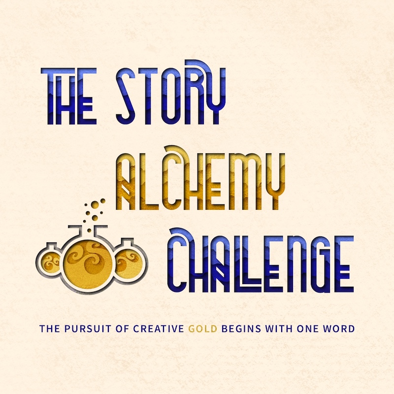 cover for storyteller Kat Vancil's weekly prompt-based creative challenge The Story Alchemy Challenge. Features 3 alchemist bottles with golden bubbles and the words “The Story Alchemy Challenge” and “The pursuit of creative gold begins with one word.” displayed beside them.