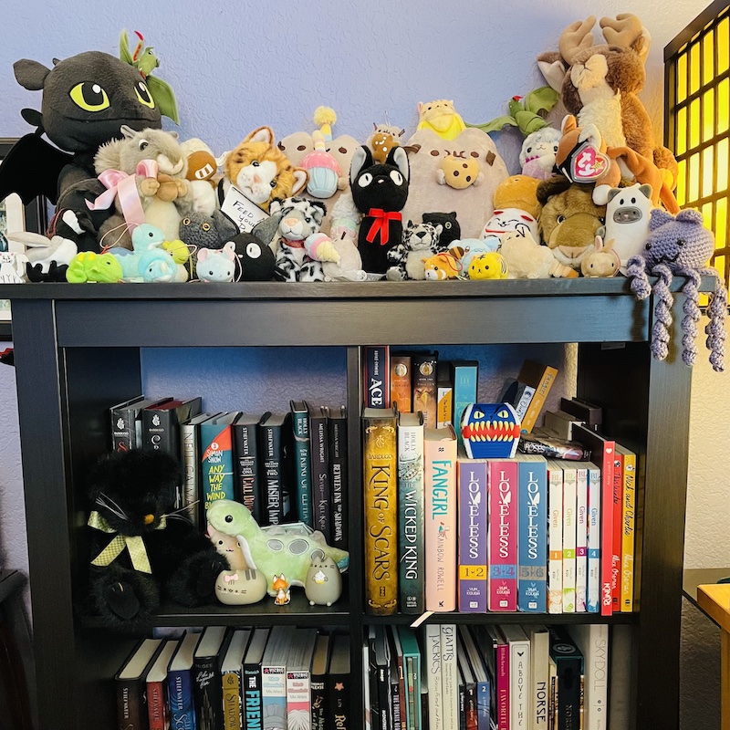 Bookshelf overfull with miniature plushies and boys love books.