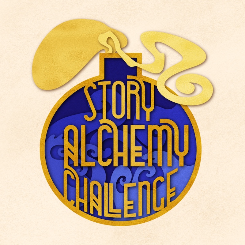 cover for storyteller Kat Vancil's on-going weekly creative challenge the Story Alchemy Challenge. Features an alchemist bottle with golden smoke emanating from it and blue liquid swirling within it created in cut paper and the words “Story Alchemy Challenge” displayed on it in gold.