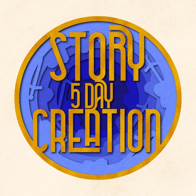 cover for storyteller Kat Vancil’s email-based mini-course the 5-day Story Creation Challenge. Features a recessing series of circles, books, and swords created in digital cut paper with the words “5-day Story Creation”]
