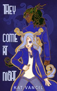 book cover for They Come at Night by Kat Vancil featuring Dragokin Legendary Characters Korik (wielding his kunai) and Halden both in their Dragonar Royal Forces uniforms in front of a wall with a stylized depiction of the Great Scaled Mother