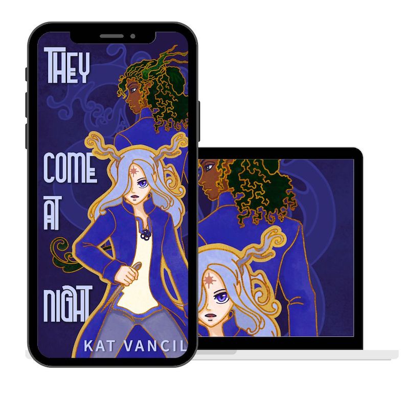 book cover for They Come at Night by Kat Vancil displayed on an iPhone and MacBook
