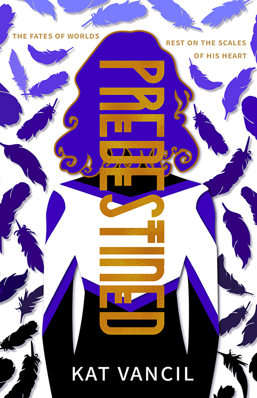 Book cover for Predestined by Kat Vancil Design features main character Valerian Frey in his Corbeauvale High School dance team uniform while raven feathers fall in the background. The whole cover is rendered in a cut paper style