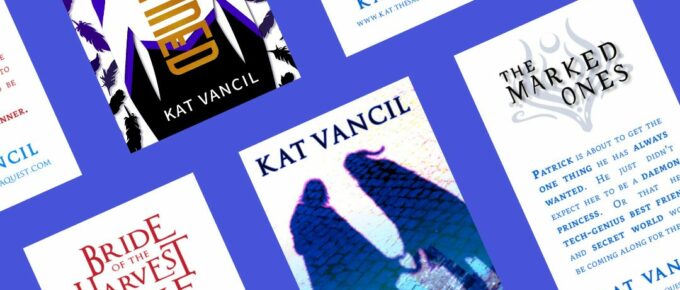 Bookcards for works by storyteller Kat Vancil containing imagery from PREDESTINED, BEAUTIFUL STRANGER, THE MARKED ONES & DAEMONS IN THE MIST