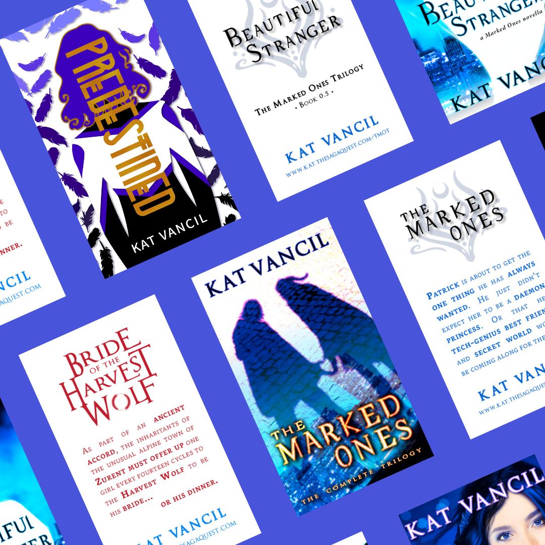 Bookcards for works by storyteller Kat Vancil containing imagery from PREDESTINED, BEAUTIFUL STRANGER, THE MARKED ONES & DAEMONS IN THE MIST