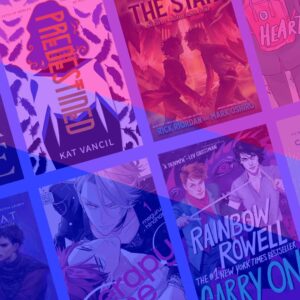 A selection of book covers featuring bisexual main characters with an overlay of the Bisexual Pride flag