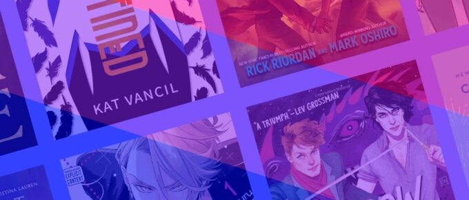 A selection of book covers featuring bisexual main characters with an overlay of the Bisexual Pride flag