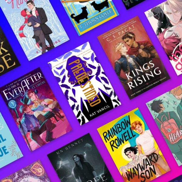 A selection of book covers featuring bisexual main characters overlaying the Bisexual Pride flag colors.