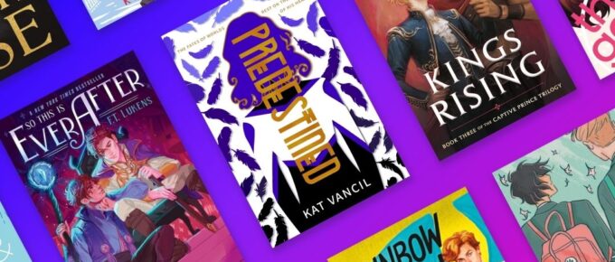 A selection of book covers featuring bisexual main characters overlaying the Bisexual Pride flag colors.