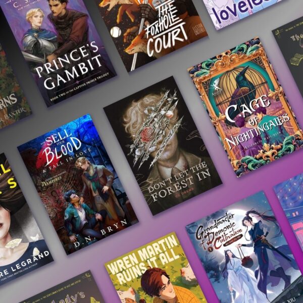 A selection of book covers featuring Asexual spectrum main characters overlaying the Ace Pride flag colors