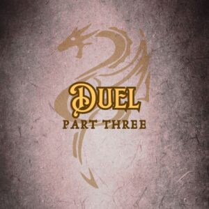 Features “Duel” in EFCO Brookshire font on a Dark Academia old magic tome style background