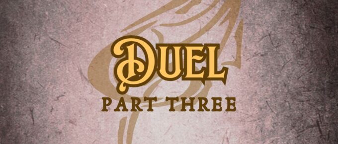 Features “Duel” in EFCO Brookshire font on a Dark Academia old magic tome style background