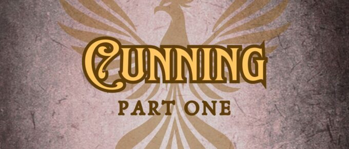 Features “Cunning” in EFCO Brookshire font on a Dark Academia old magic tome style background