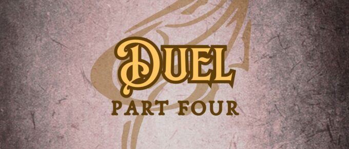Features “Duel” in EFCO Brookshire font on a Dark Academia old magic tome style background