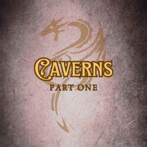 Features “Caverns” in EFCO Brookshire font on a Dark Academia old magic tome style background